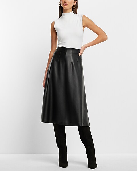 Super High Waisted Faux Leather A-line Midi Skirt