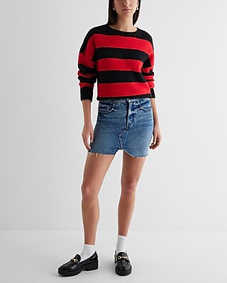High Waisted Split Hem Horsebit Mini Denim Skirt