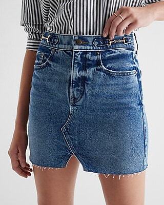 High Waisted Split Hem Horsebit Mini Denim Skirt