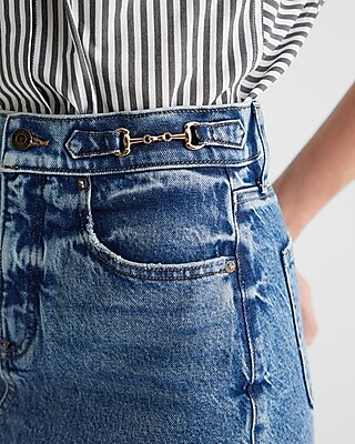 High Waisted Split Hem Horsebit Mini Denim Skirt