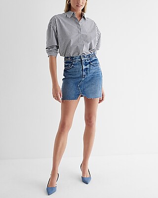 High Waisted Split Hem Horsebit Mini Denim Skirt