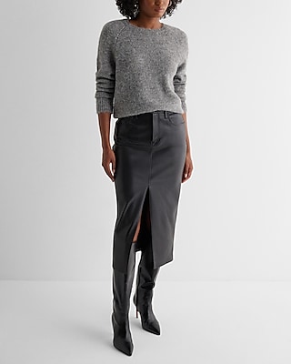 High Waisted Faux Leather Front Slit Midi Skirt Express
