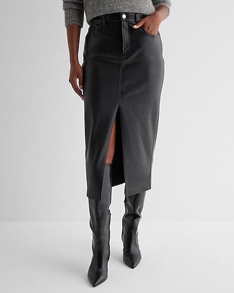 High Waisted Faux Leather Front Slit Midi Skirt | Express High Waisted Faux Leather Front Slit Midi Skirt | Express