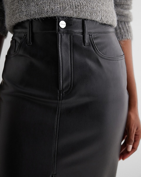 High Waisted Faux Leather Front Slit Midi Skirt | Express High Waisted Faux Leather Front Slit Midi Skirt | Express