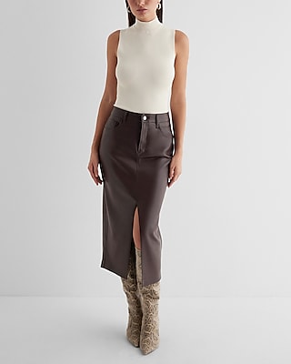 Super High Waisted Faux Leather Side Slit Midi Skirt