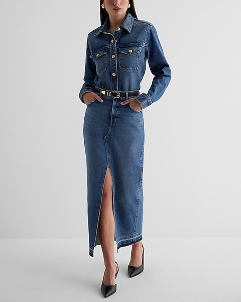 High Waisted Drop Hem Front Slit Maxi Denim Skirt | Express High Waisted Drop Hem Front Slit Maxi Denim Skirt | Express