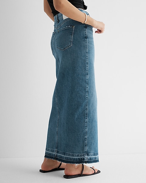 High Waisted Drop Hem Front Slit Maxi Denim Skirt | Express High Waisted Drop Hem Front Slit Maxi Denim Skirt | Express