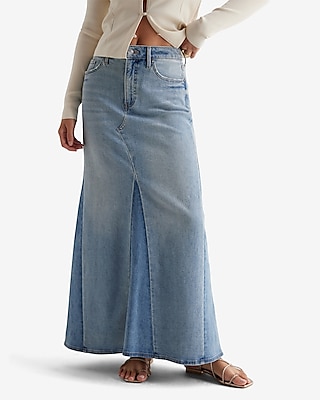 High Waisted Drop Hem Front Slit Maxi Denim Skirt