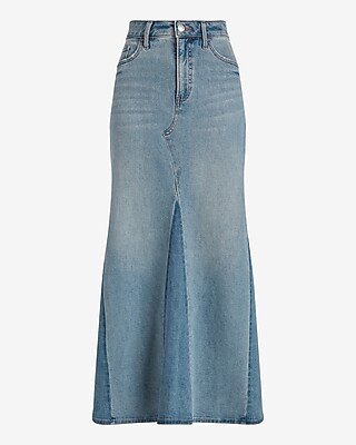 High Waisted Two-Tone Maxi Denim Skirt