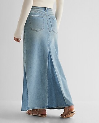 High Waisted Two-Tone Maxi Denim Skirt