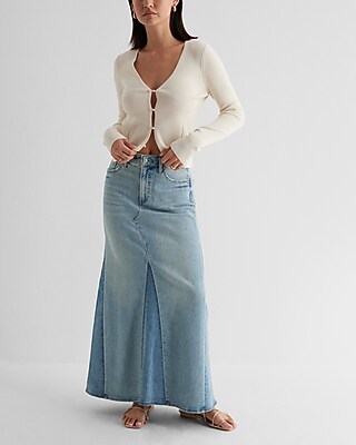 High Waisted Two-tone Maxi Denim Skirt | Express