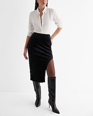 Super High Waisted Velvet Side Cutout Midi Skirt