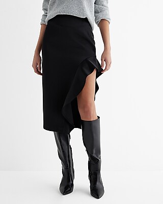 Super High Waisted Satin Ruffle Side Slit Midi Skirt