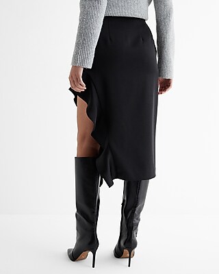 Super High Waisted Satin Ruffle Side Slit Midi Skirt