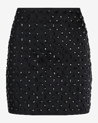 High Waisted Satin Rhinestone Studded Mini Skirt
