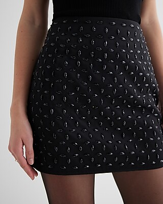 High Waisted Satin Rhinestone Studded Mini Skirt