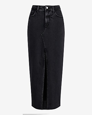High Waisted Black Raw Hem Front Slit Maxi Denim Skirt Express
