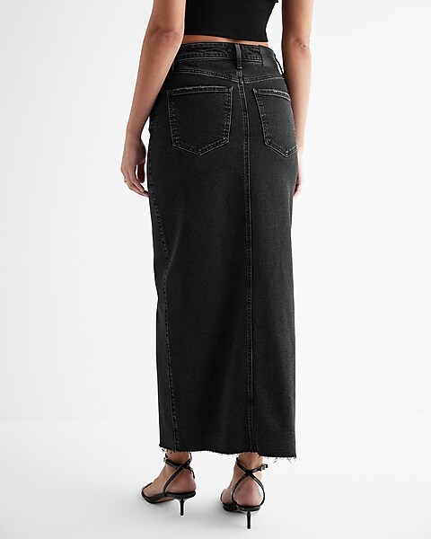 High Waisted Black Raw Hem Front Slit Maxi Denim Skirt