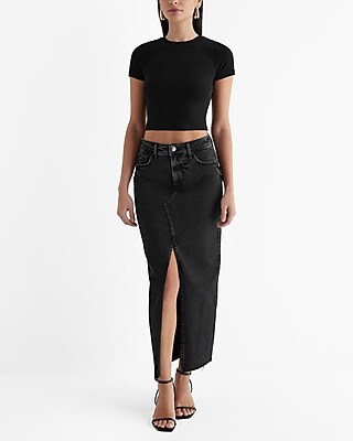High Waisted Black Raw Hem Front Slit Maxi Denim Skirt Express