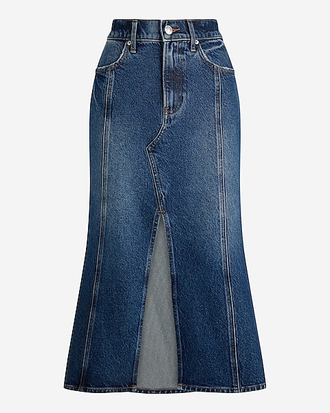 Super High Waisted Flare Hem Front Slit Midi Denim Skirt | Express