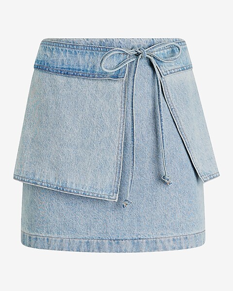 Mid Rise Denim Tie Waist Mini Wrap Skirt | Express