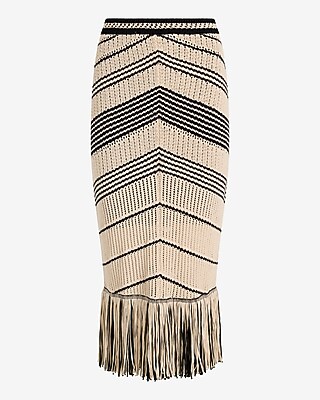 High Waisted Crochet Striped Fringe Midi Skirt | Express
