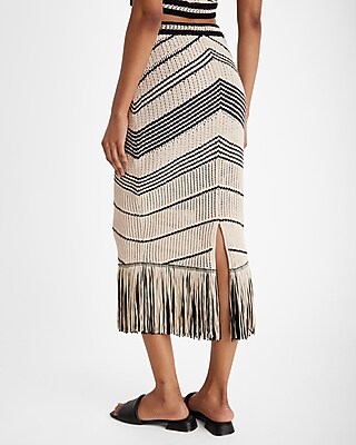 High Waisted Crochet Striped Fringe Midi Skirt | Express