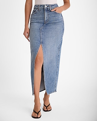 High Waisted Medium Wash Front Slit Maxi Denim Skirt