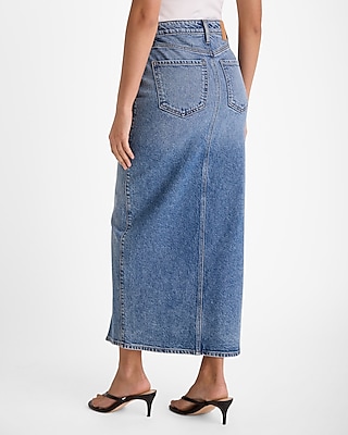 High Waisted Medium Wash Front Slit Maxi Denim Skirt