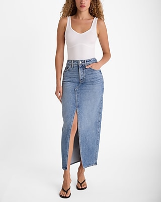 High Waisted Medium Wash Front Slit Maxi Denim Skirt