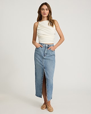High Waisted Medium Wash Front Slit Maxi Denim Skirt