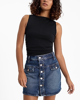 High Waisted Medium Wash Button Down Denim Skort