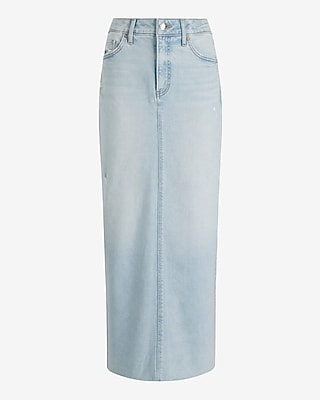 High Waisted Raw Hem Back Slit Maxi Denim Skirt