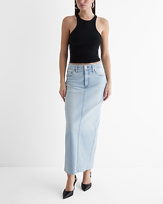 High Waisted Raw Hem Back Slit Maxi Denim Skirt
