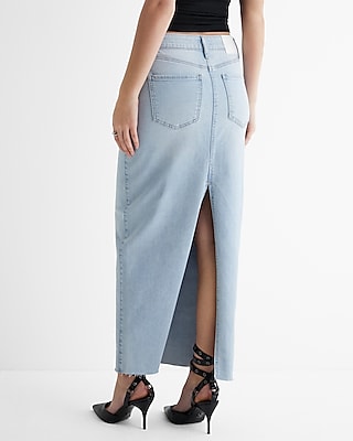 High Waisted Raw Hem Back Slit Maxi Denim Skirt