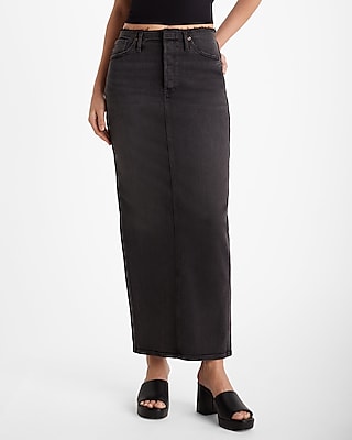 High Waisted Drop Hem Front Slit Maxi Denim Skirt