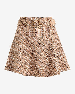 Tweed High Waisted Belted Mini Fit and Flare Skirt