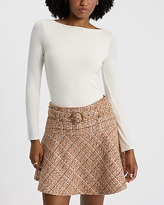 Tweed High Waisted Belted Mini Fit and Flare Skirt