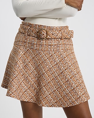 Tweed High Waisted Belted Mini Fit and Flare Skirt