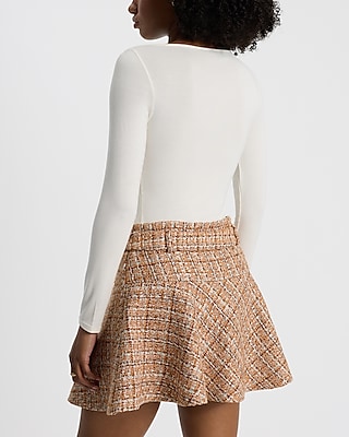 Tweed High Waisted Belted Mini Fit and Flare Skirt