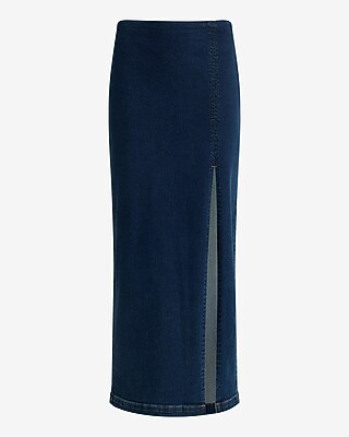 High Waisted Dark Wash Side Slit Maxi Hyper Sculpt Denim Skirt 