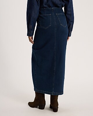 High Waisted Dark Wash Side Slit Maxi Hyper Sculpt Denim Skirt