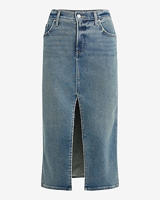 High Waisted Medium Wash Midi Hyper Sculpt Denim Skirt