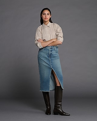 High Waisted Medium Wash Midi Hyper Sculpt Denim Skirt