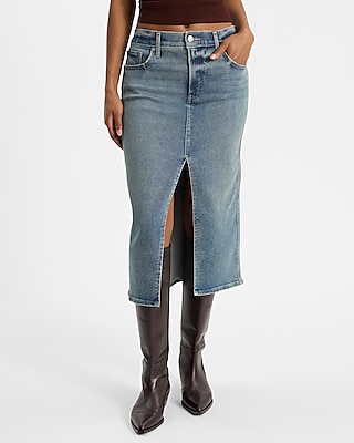 High Waisted Medium Wash Midi Hyper Sculpt Denim Skirt