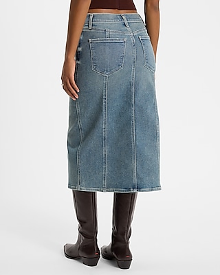 High Waisted Medium Wash Midi Hyper Sculpt Denim Skirt