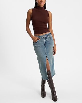 High Waisted Medium Wash Midi Hyper Sculpt Denim Skirt