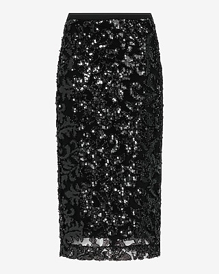 High Waisted Printed Sequin Midi Skirt