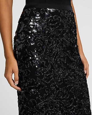 High Waisted Printed Sequin Midi Skirt