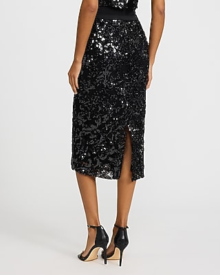 High Waisted Printed Sequin Midi Skirt